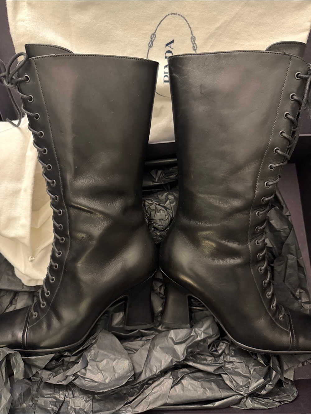 RARE Vintage Y2K Prada Black Leather Lace-Up Mid-Calf Boots Runway ‘01 AWO1 36.5 - Picture 10 of 10